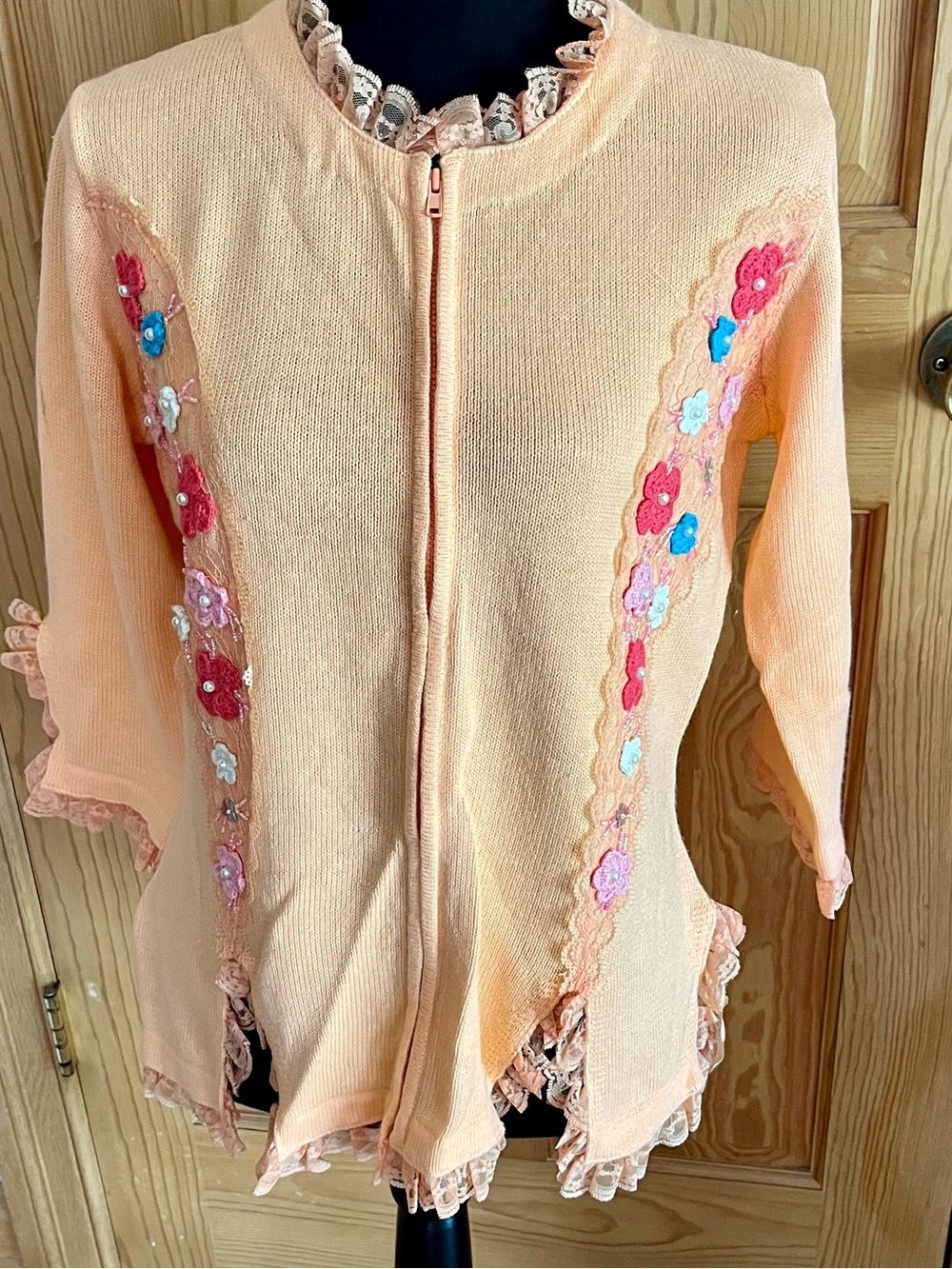 Vtg Storybook Knits Peach Zip Front Cardigan Sweater Lace XS Fits S M New Deadst